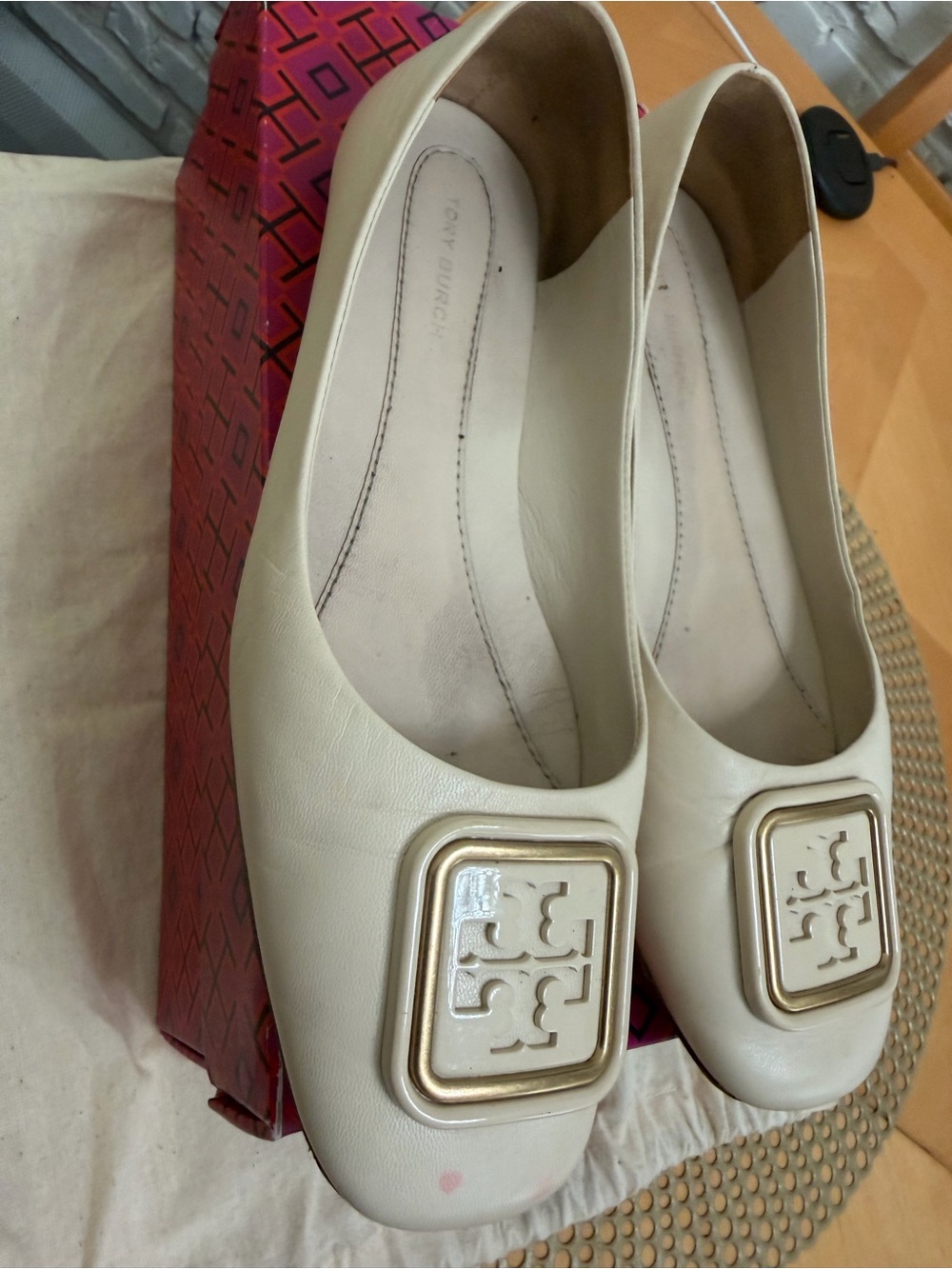 Tory Burch Ivory Leather Logo Square-Toe Flats